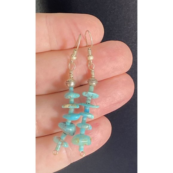 Vintage Sterling Silver Turquoise Nugget Earrings Hook Dangle Fine Pierced - Picture 4 of 6